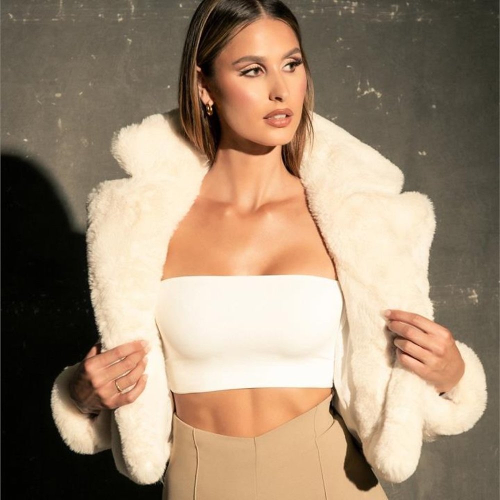 MESHKI MARY CROPPED FAUX FUR JACKET S